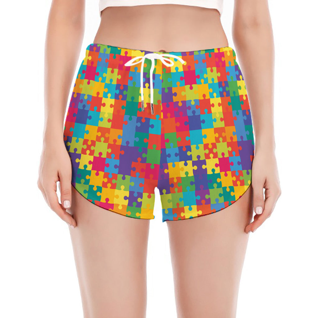 Colorful Autism Awareness Jigsaw Print Women's Split Running Shorts