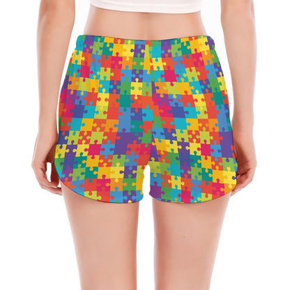 Colorful Autism Awareness Jigsaw Print Women's Split Running Shorts