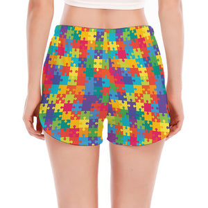 Colorful Autism Awareness Jigsaw Print Women's Split Running Shorts