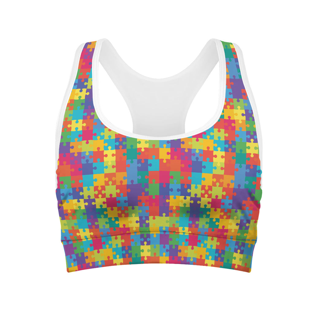 Colorful Autism Awareness Jigsaw Print Women's Sports Bra