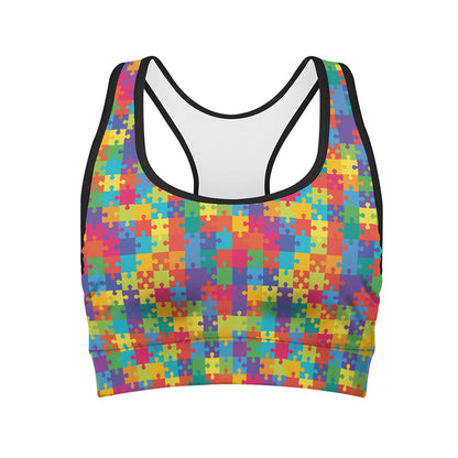 Colorful Autism Awareness Jigsaw Print Women's Sports Bra