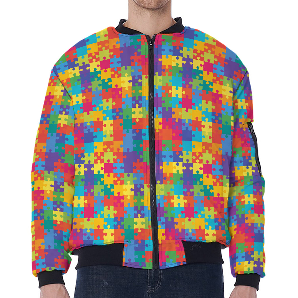 Colorful Autism Awareness Jigsaw Print Zip Sleeve Bomber Jacket