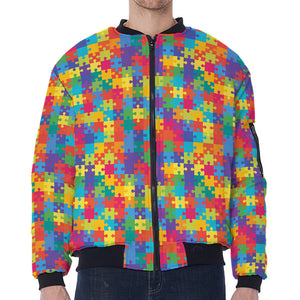 Colorful Autism Awareness Jigsaw Print Zip Sleeve Bomber Jacket