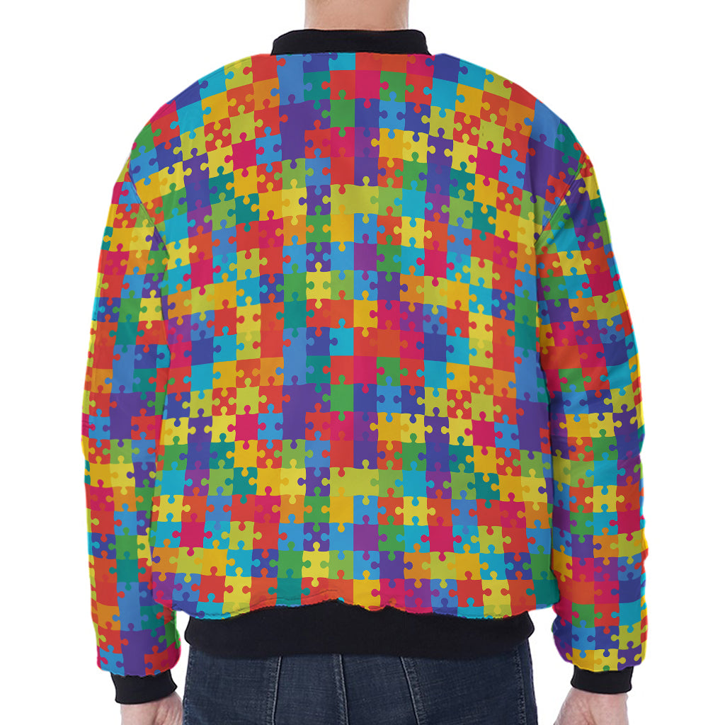 Colorful Autism Awareness Jigsaw Print Zip Sleeve Bomber Jacket