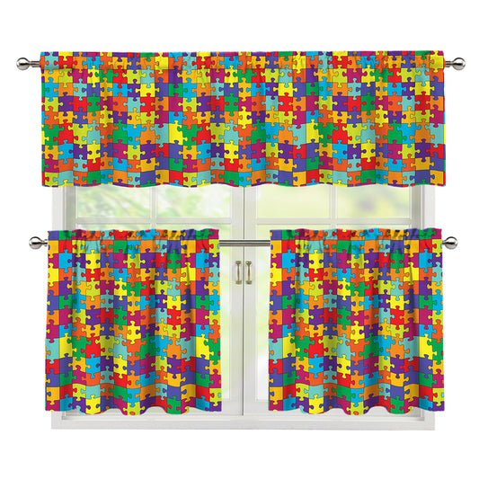 Colorful Autism Awareness Puzzle Print 3 Piece Kitchen Curtains