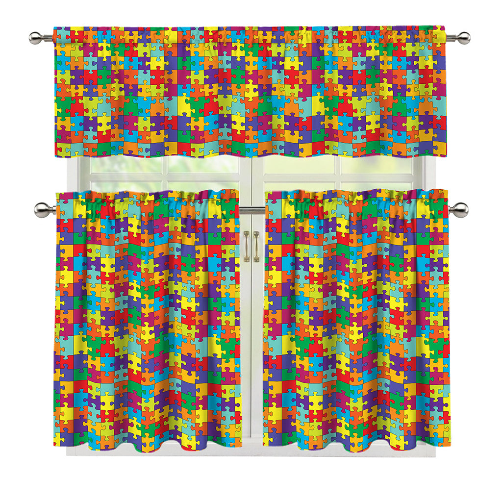 Colorful Autism Awareness Puzzle Print 3 Piece Kitchen Curtains