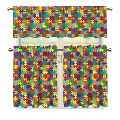 Colorful Autism Awareness Puzzle Print 3 Piece Kitchen Curtains