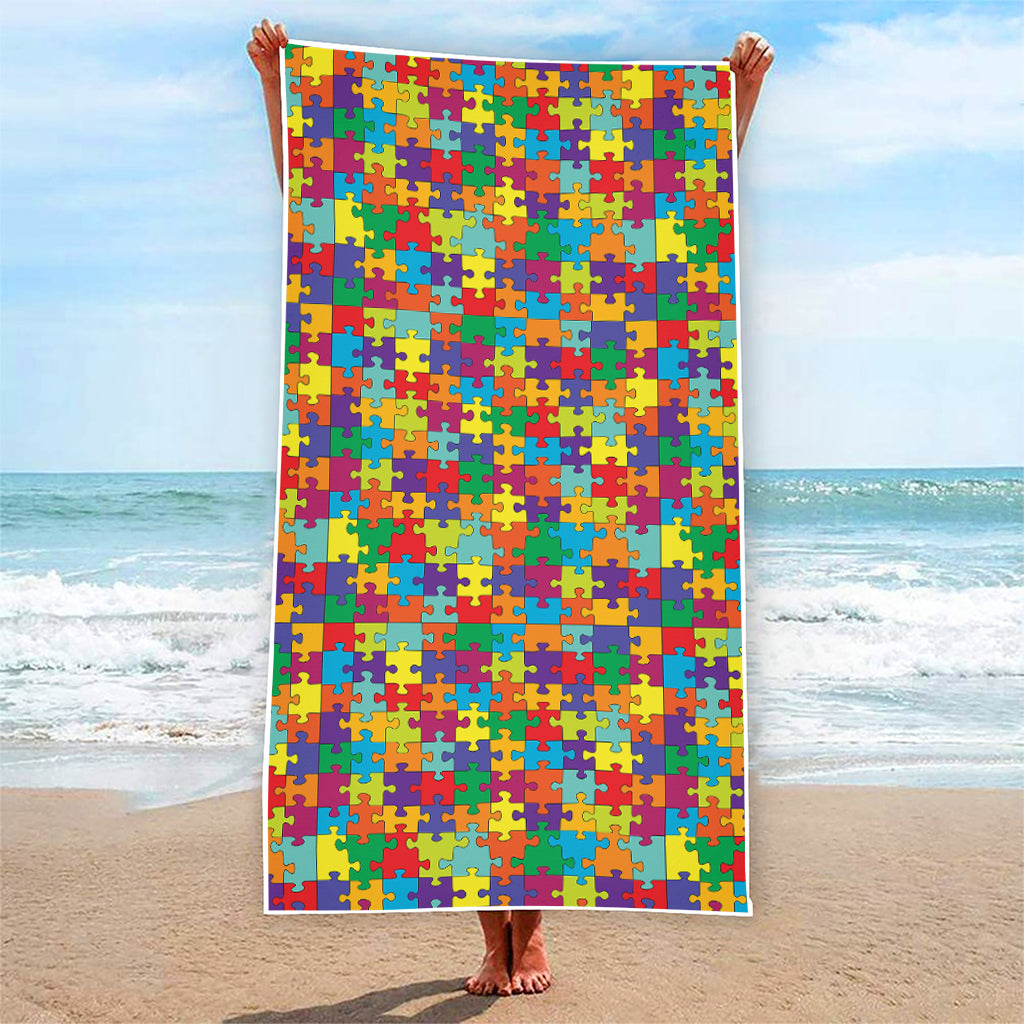 Colorful Autism Awareness Puzzle Print Beach Towel