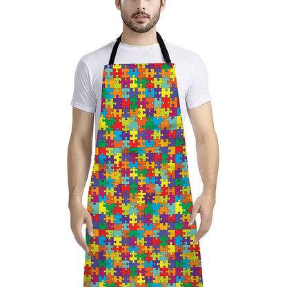 Colorful Autism Awareness Puzzle Print Bib Apron With Pocket