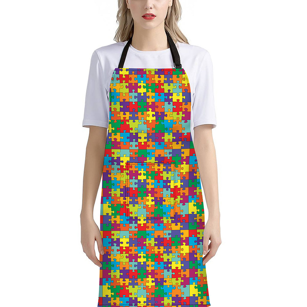 Colorful Autism Awareness Puzzle Print Bib Apron With Pocket