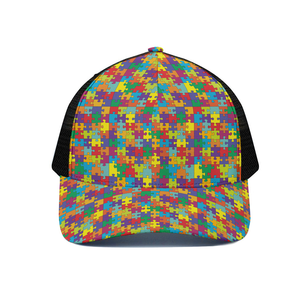 Colorful Autism Awareness Puzzle Print Black Mesh Trucker Cap