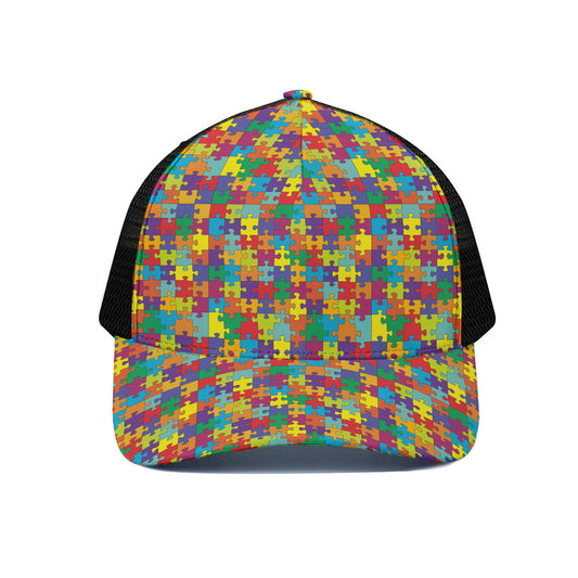 Colorful Autism Awareness Puzzle Print Black Mesh Trucker Cap