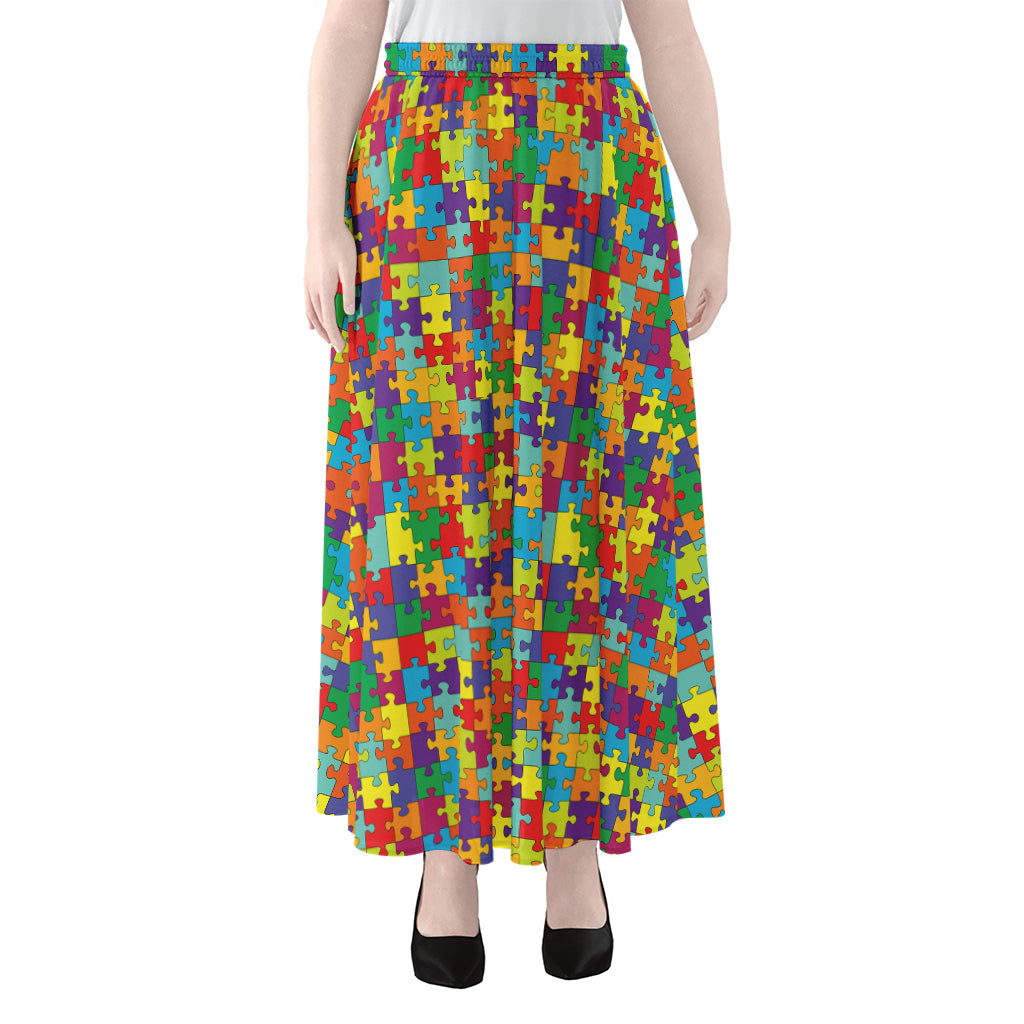 Colorful Autism Awareness Puzzle Print Chiffon Maxi Skirt