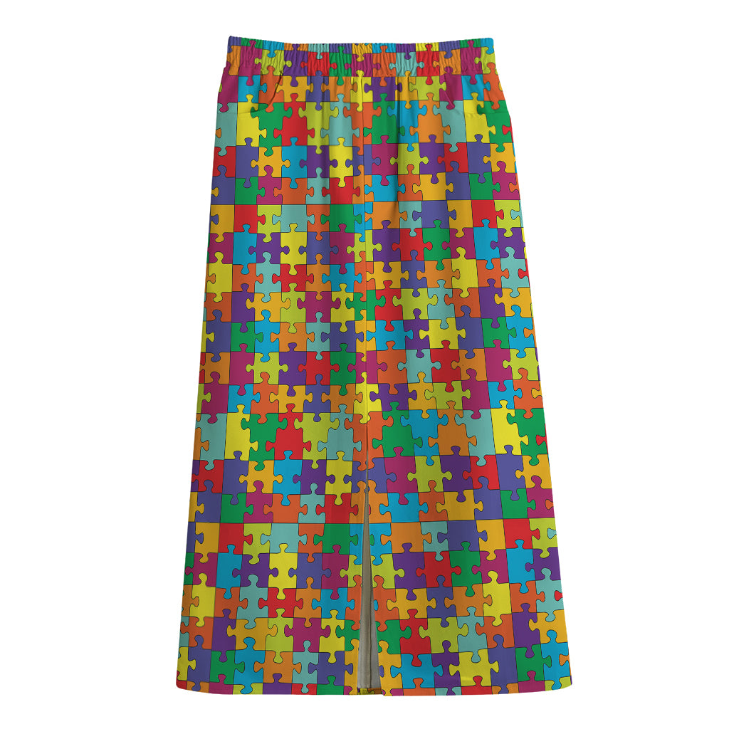 Colorful Autism Awareness Puzzle Print Cotton Front Slit Maxi Skirt