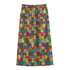 Colorful Autism Awareness Puzzle Print Cotton Front Slit Maxi Skirt