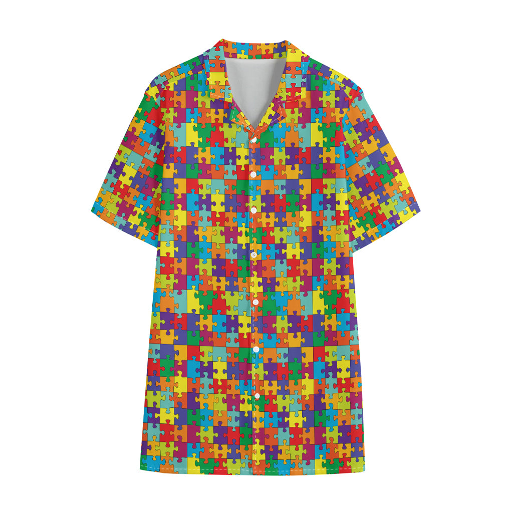 Colorful Autism Awareness Puzzle Print Cotton Hawaiian Shirt