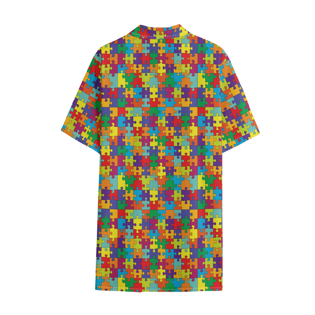 Colorful Autism Awareness Puzzle Print Cotton Hawaiian Shirt