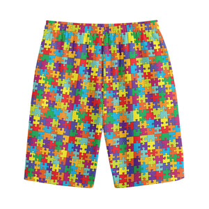 Colorful Autism Awareness Puzzle Print Cotton Shorts