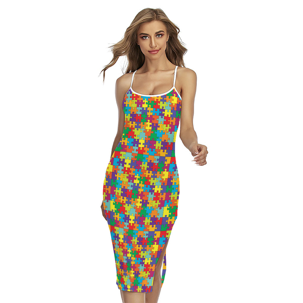 Colorful Autism Awareness Puzzle Print Cross Back Cami Dress