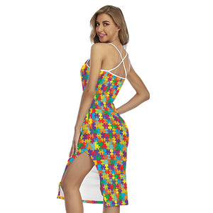 Colorful Autism Awareness Puzzle Print Cross Back Cami Dress