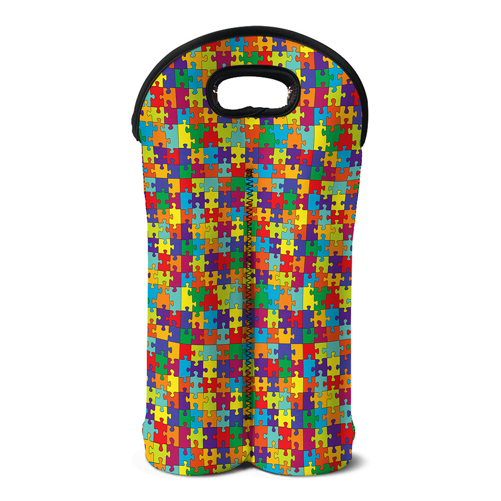 Colorful Autism Awareness Puzzle Print Double Neoprene Wine Tote