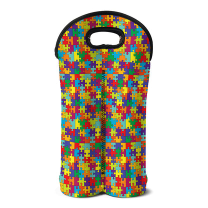 Colorful Autism Awareness Puzzle Print Double Neoprene Wine Tote