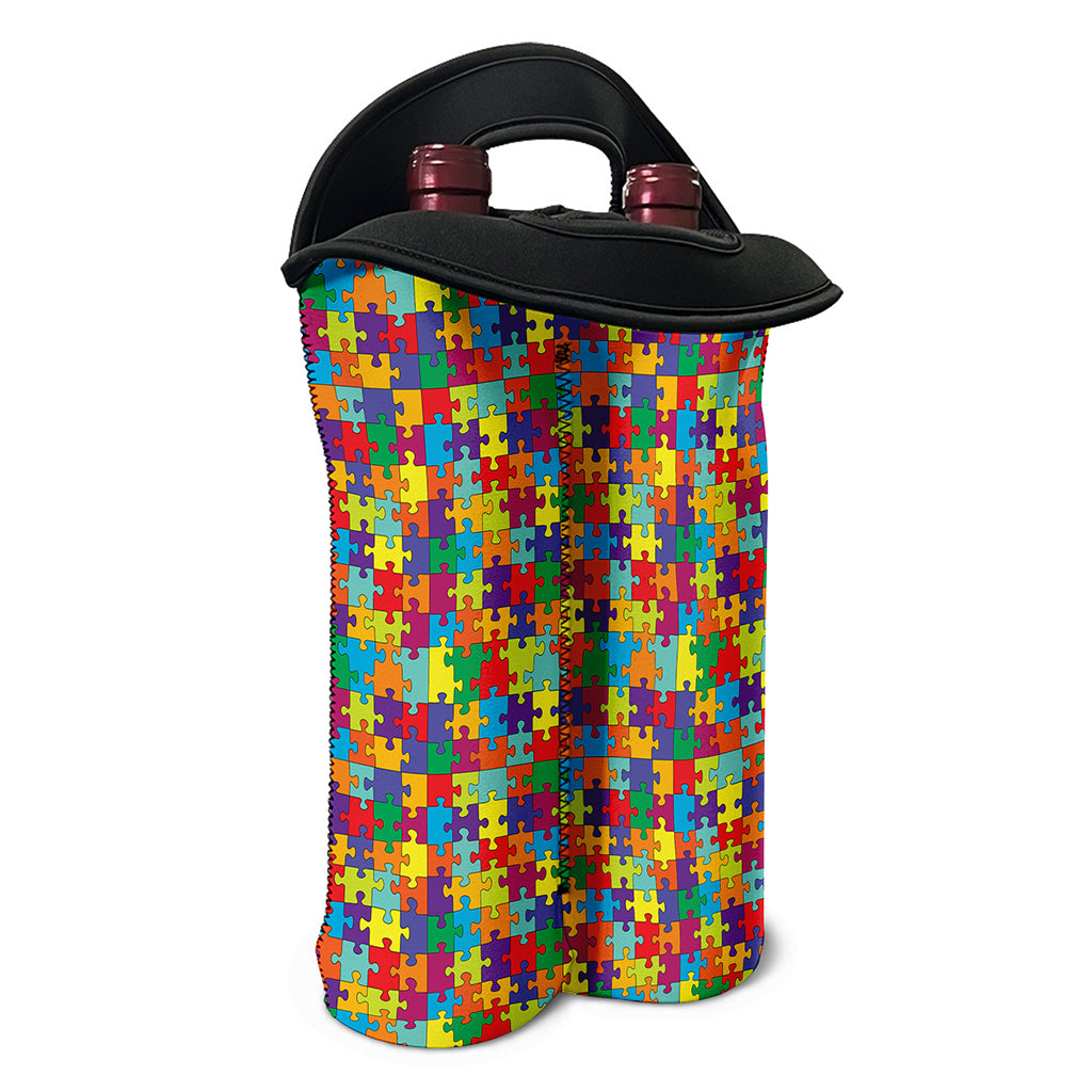 Colorful Autism Awareness Puzzle Print Double Neoprene Wine Tote