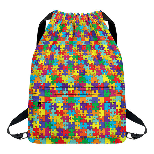 Colorful Autism Awareness Puzzle Print Drawstring Backpack