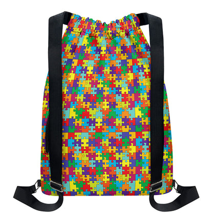 Colorful Autism Awareness Puzzle Print Drawstring Backpack