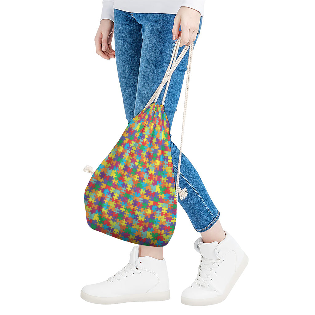 Colorful Autism Awareness Puzzle Print Drawstring Bag