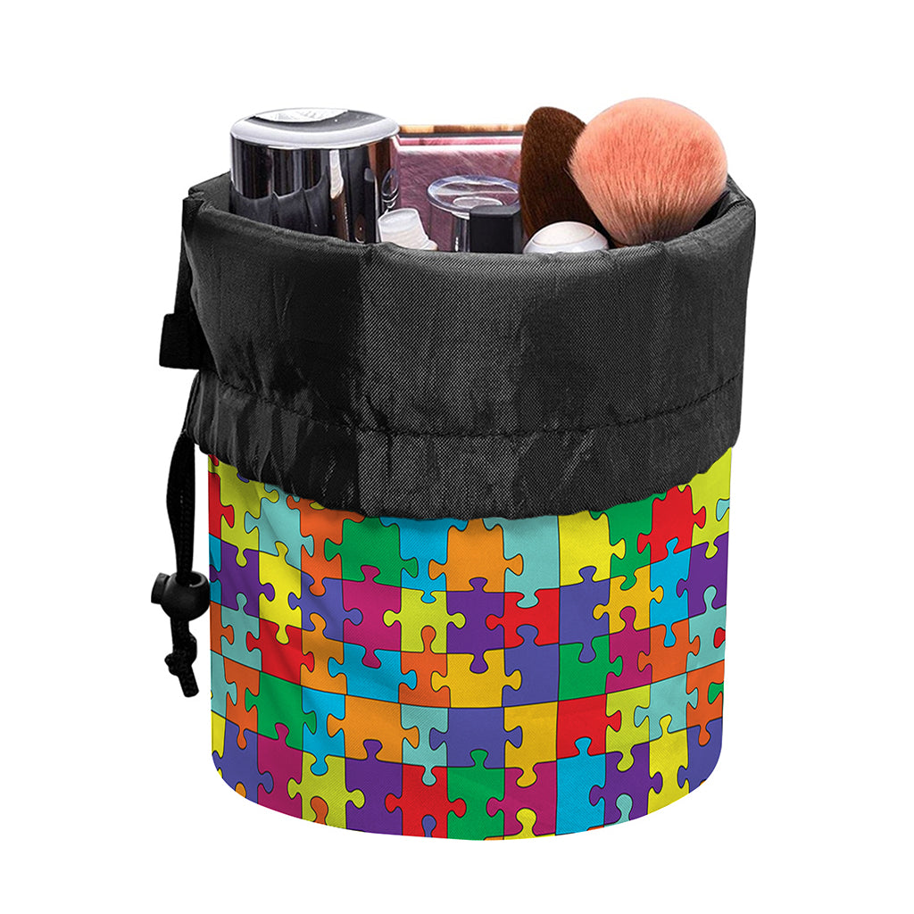 Colorful Autism Awareness Puzzle Print Drawstring Makeup Bag