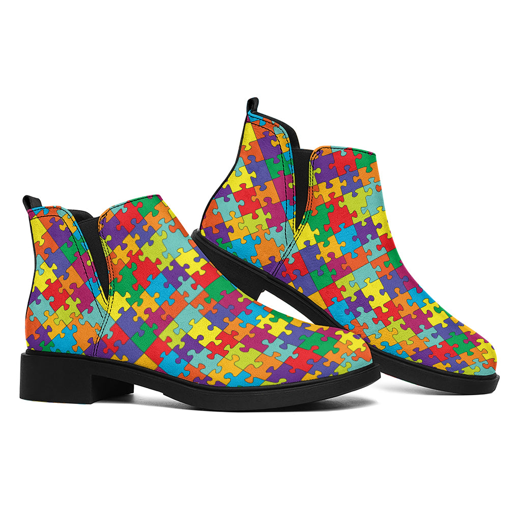 Colorful Autism Awareness Puzzle Print Flat Ankle Boots