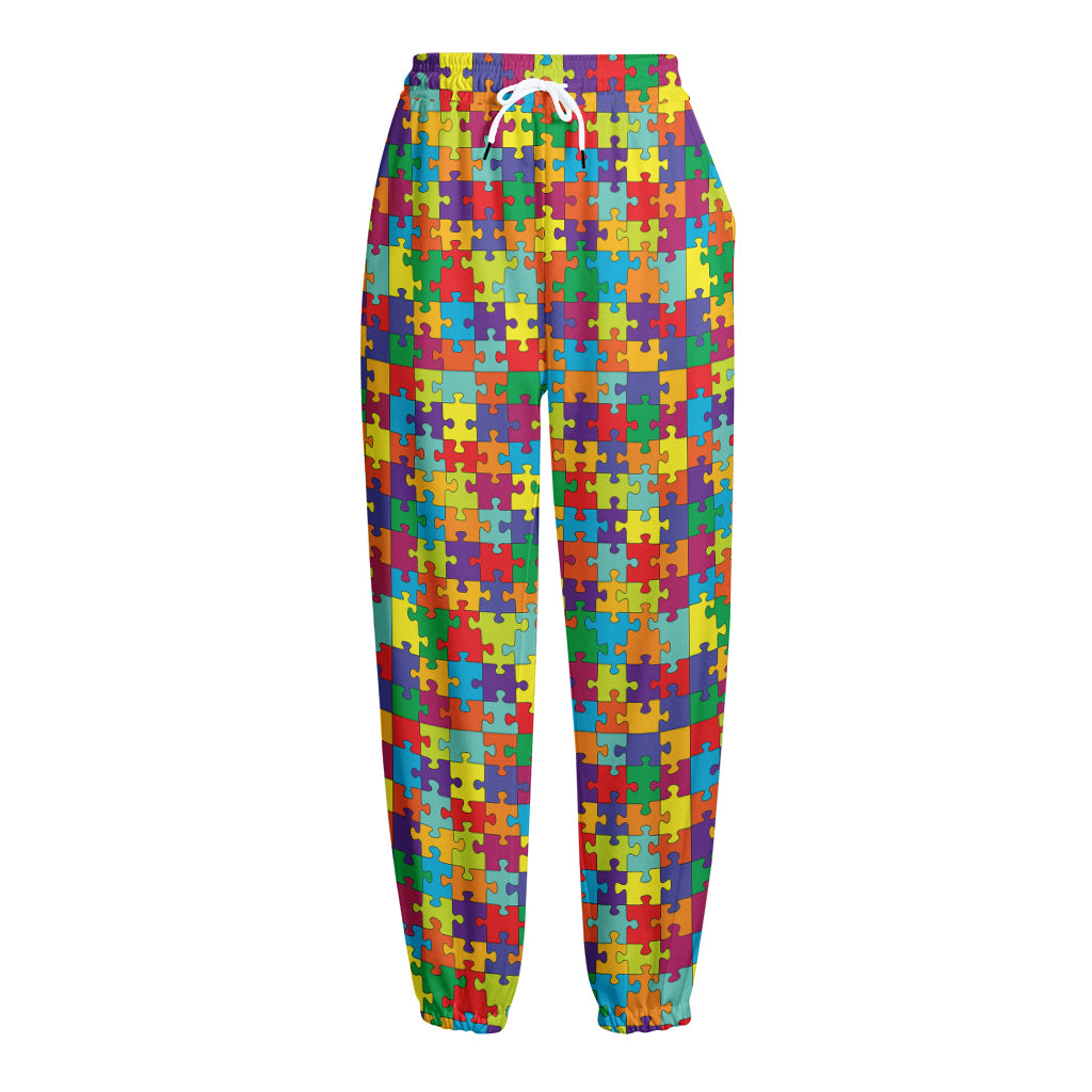 Colorful Autism Awareness Puzzle Print Fleece Lined Knit Pants