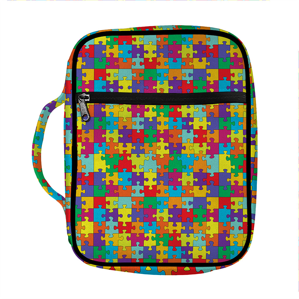 Colorful Autism Awareness Puzzle Print Front Pocket Bible Bag