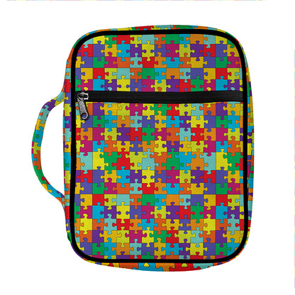 Colorful Autism Awareness Puzzle Print Front Pocket Bible Bag