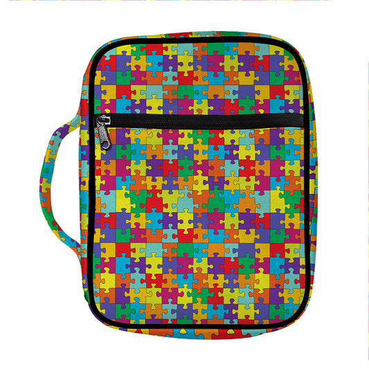 Colorful Autism Awareness Puzzle Print Front Pocket Bible Bag