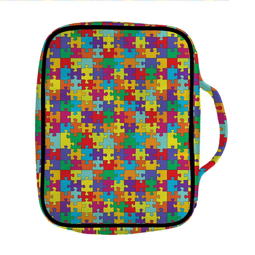 Colorful Autism Awareness Puzzle Print Front Pocket Bible Bag
