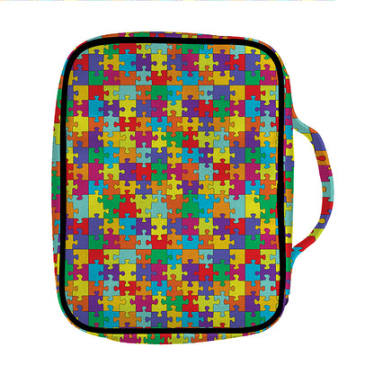 Colorful Autism Awareness Puzzle Print Front Pocket Bible Bag