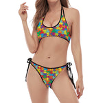 Colorful Autism Awareness Puzzle Print Halter Scoop Tie Side Bikini