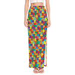 Colorful Autism Awareness Puzzle Print High Slit Maxi Skirt