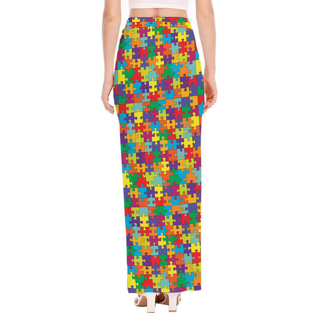 Colorful Autism Awareness Puzzle Print High Slit Maxi Skirt