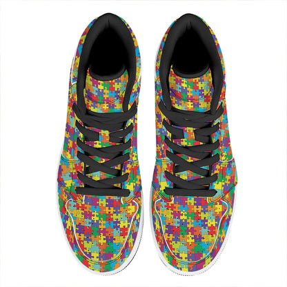 Colorful Autism Awareness Puzzle Print High Top Leather Sneakers
