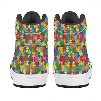 Colorful Autism Awareness Puzzle Print High Top Leather Sneakers