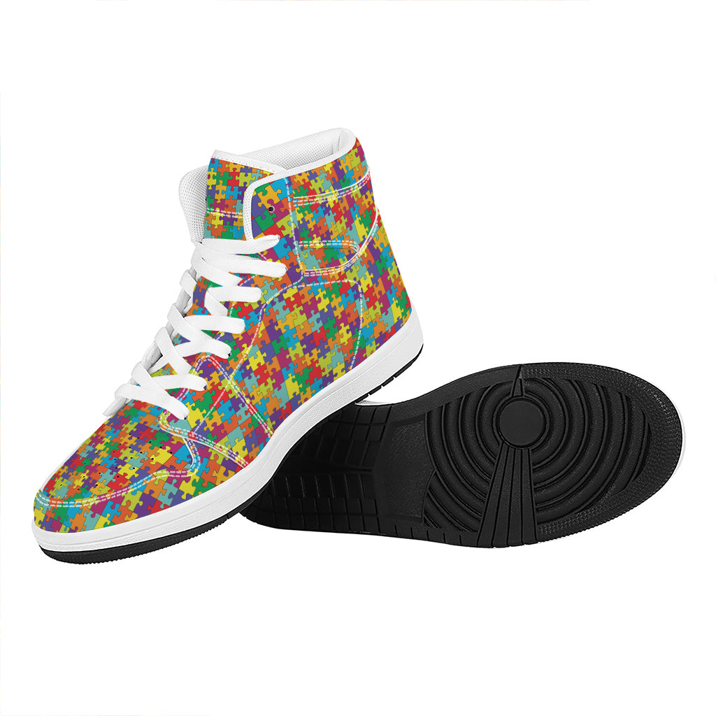 Colorful Autism Awareness Puzzle Print High Top Leather Sneakers