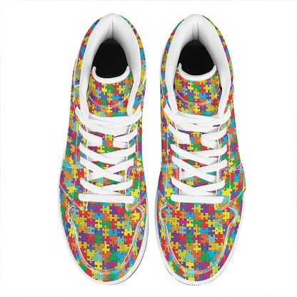 Colorful Autism Awareness Puzzle Print High Top Leather Sneakers