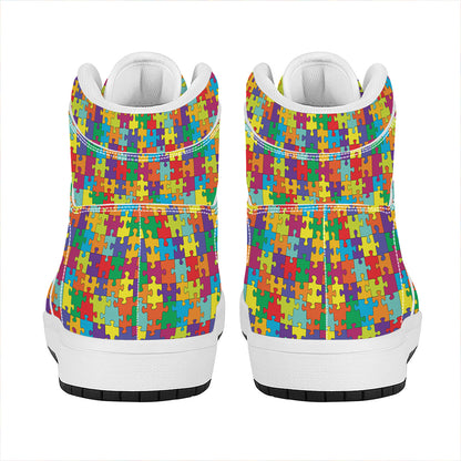 Colorful Autism Awareness Puzzle Print High Top Leather Sneakers
