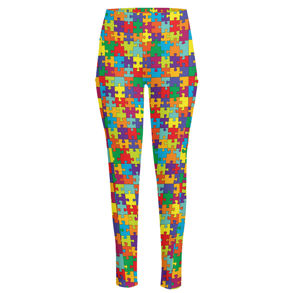 Colorful Autism Awareness Puzzle Print High-Waisted Pocket Leggings