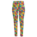 Colorful Autism Awareness Puzzle Print High-Waisted Pocket Leggings