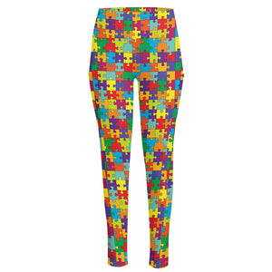 Colorful Autism Awareness Puzzle Print High-Waisted Pocket Leggings