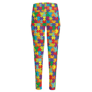 Colorful Autism Awareness Puzzle Print High-Waisted Pocket Leggings